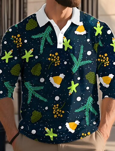  Jul Herre Pepperkakemenn Polo Langermet Poloskjorter Knaphul Fritid utendørs Dagligdagstøy Festivalantrekk 3D-utskrift Knapper Vår Høst Vinter Blå Lilla Grønn