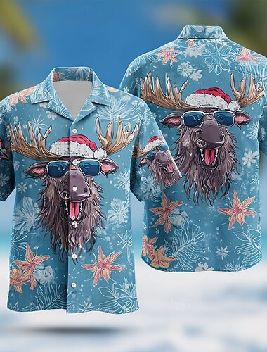  Christmas Miesten Eläin Poro hauska joulu Paita Kuubalainen paita Lyhythihainen Hauska Pyhäpäivä Katuvaatteet Kevät Syksy Pystykaulus 3D-tulostus Napitettavat paidat Vaalean sininen Sininen Apila