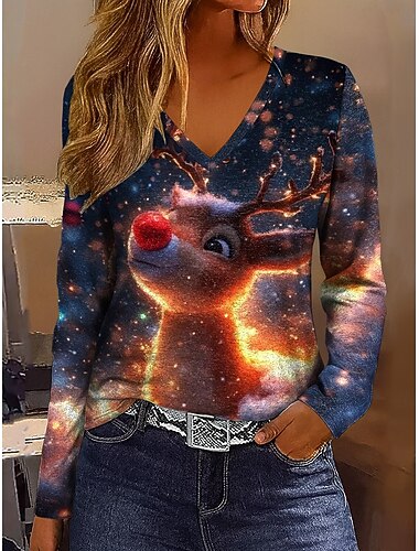  Maglietta da donna di Natale con renna e fiocco di neve grafica animale vintage stilosa classica a maniche lunghe collo a V top regolari quotidiani stampa blu reale verde scuro oro primavera autunno