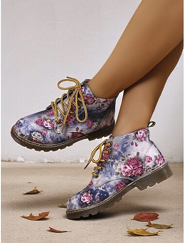  Women's Floral Lace-Up Ankle Boots with Non-Slip Sole, Vintage Print Casual Combat Style Shoes for Comfortable Outdoor Walking & Daily Wear