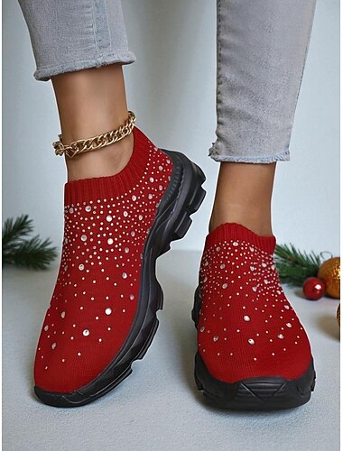 Dames Sneakers Flyknit schoenen Kerstmis Dagelijks Strass Platte hak Ronde Teen Casual Comfortabel Wandelen Hardlopen in de stad Vliegende weven Leegloper Zwart Wit Roze