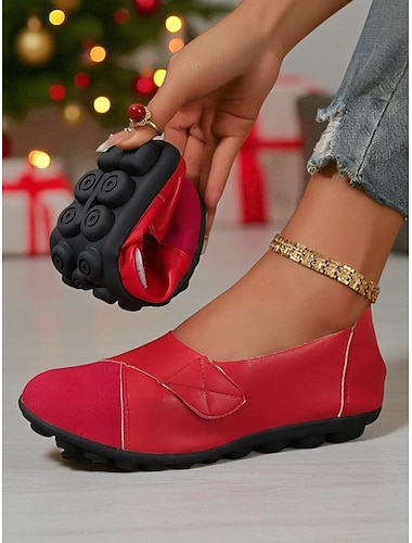  柔らかいソールとスリッポンの快適なデザインを備えた女性用の赤い柔軟な折りたたみ式フラットシューズ、クリスマス、仕事、旅行用の軽量カジュアルシューズ &普段着