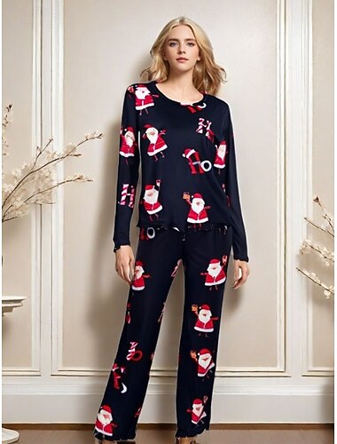  Weihnachts Damen Weihnachtsmann Pyjamas Loungewear Pyjama Set Warm Einfach Lässig Grafik Claus Hose Zuhause Langarm Rundhals Weiß Rot Frühling Herbst Winter Reguläre Passform