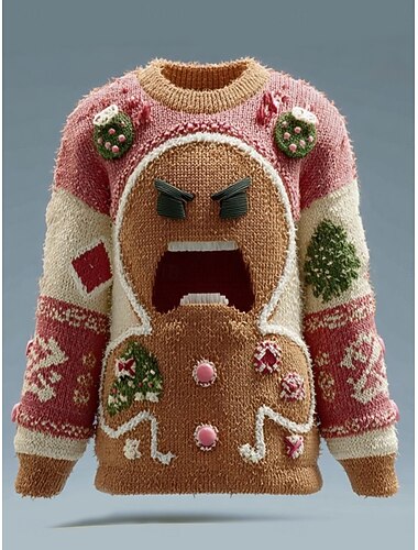  Dame Genser Daglig Fritid Grafisk julenissen Riflet Crew-hals Strikket Trykt mønster Langermet Vanlige topper Strikke utendørs Helg Rød Oransje Høst Vinter