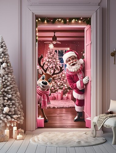 Housse de porte de Noël, rideaux de vacances avec sapin de Noël rose avec imprimé Père Noël et renne pour la maison, l'entrée, le salon, la chambre à coucher, la décoration intérieure et extérieure   Housse de porte de Noël, rideaux de vacances avec sapin de Noël rose avec imprimé Père Noël et renne pour la maison, l'entrée, le salon, la chambre à coucher, la décoration intérieure et extérieure