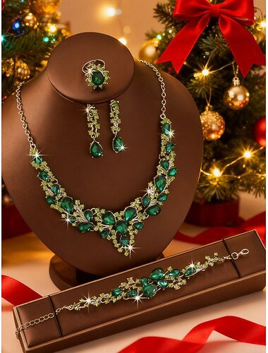 set di gioielli da donna in cristallo verde 4 pezzi, elegante collana, orecchini, braccialetto &anello per feste di Natale, regali per le feste &eventi formali   set di gioielli da donna in cristallo verde 4 pezzi, elegante collana, orecchini, braccialetto &anello per feste di Natale, regali per le feste &eventi formali