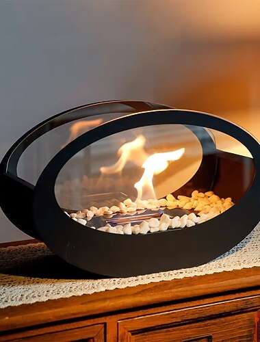  Tischkamin, 15,7 Zoll ovaler Ethanolkamin, Tischfeuerstelle, tragbares Kunstkamin-Dekor für den Innenbereich, schwarzer Feuerflammeneffekt