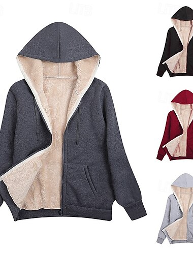  Dam Fleece-jacka Sherpajacka Bekväm Andningsfunktion Dragkedja Ficka Ledigt Slät Semester Gata Ledigt Dagliga kläder Dragkedja Normal Huva Normal Långärmad Ytterkläder Svart Vin Kungsblå Vår Höst