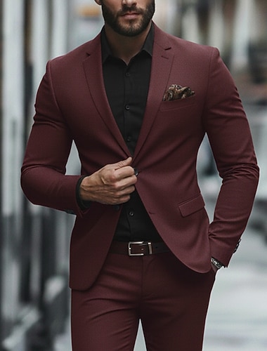  男性用 カジュアル ビジネススーツ ノッチドラペル ブラック バーガンディー 日常 ビジネス ソリッド テイラーフィット 2点セット シングルブレスト 二つボタン