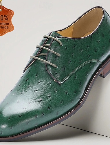  Herregrønne oxfordsko i ekte skinn med strutsmønster og snøring, elegante håndlagde pensko for formelle arrangementer og forretningsanledninger