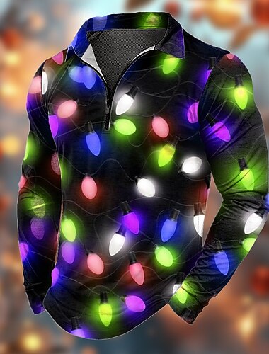 Kerstmis Voor heren Lantaarns Poloshirts met rits Lange mouw Poloshirt Revers Casual Buiten Festivaloutfit 3D-afdrukken Lente Herfst Winter Regenboog Multi Color
