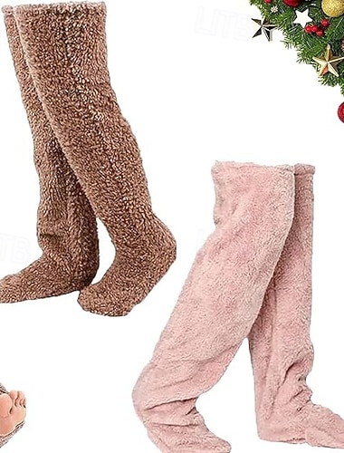  クリスマス用のグースダウンニーソックス、冬用の暖かいロング丈ふわふわサイハイソックス、ふわふわニーハイソックス