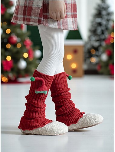  Meias infantis vermelhas caneladas de Natal com divertido desenho de elfo e detalhes de pompom - presente de Natal, moda de inverno para crianças