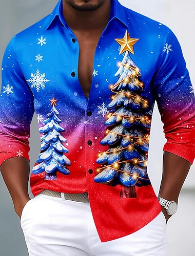  Natale Per uomo Albero di Natale Fiocco di neve Colore sfumato Camicia Camicia in raso Camicia elegante Manica Lunga Moda Casual All'aperto Feste Ferie Primavera Autunno Collo ripiegato Stampa 3D