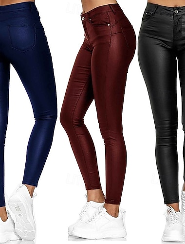 Dámské Zúžené kalhoty Kožené kalhoty Kalhoty Módní Šik ven Punčocháče Plná délka Vysoký pas Bez vzoru Zip Kapsy S přezkou Pohodlný Yumuşak Pohodlné Lehce elastické Venkovní Práce Denní Bordó Čern