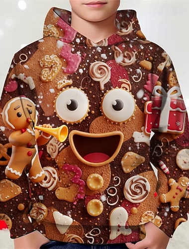  Weihnachten Jungen 3D Grafik Lebkuchenmänner Kapuzensweatshirt Langarm Frühling Herbst Mode Streetwear Kinder 4-12 Jahre Mit Kapuze Outdoor Lässig Täglich Normale Passform