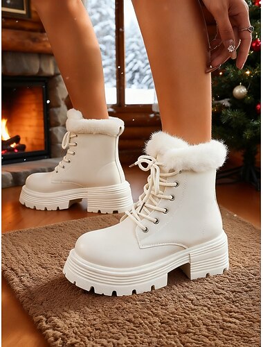 Botas de neve plataforma forradas com pele sintética branca para mulheres – saltos grossos, quentes e elegantes para o inverno, ideais para o Natal e diversão ao ar livre   Botas de neve plataforma forradas com pele sintética branca para mulheres – saltos grossos, quentes e elegantes para o inverno, ideais para o Natal e diversão ao ar livre