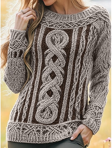  女性用 ニット ヴィンテージ エスニック カジュアル ピュアカラー ケーブル クルーネック ニット 長袖 レギュラートップス ニット アウトドア 日常 週末 ブルー ブラウン 秋 冬