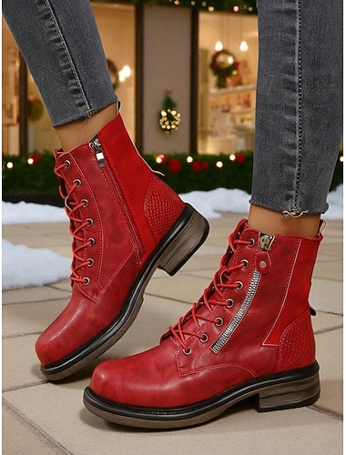 Botas de combate femininas vermelhas de Natal - botas de amarrar da moda para mulheres - perfeitas para a véspera de Natal, moda de inverno e chique casual   Botas de combate femininas vermelhas de Natal - botas de amarrar da moda para mulheres - perfeitas para a véspera de Natal, moda de inverno e chique casual