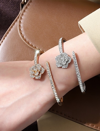  Bracelet Jonc Le style rétro Classique Cristal Forme de Fleur ancien Mode Tendance Bracelet Bijoux Argent Doré Rond pour Mariage Soirée Fiançailles Bal de promo