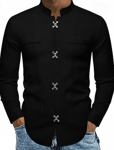 Herren Hemd Freizeithemd Stehkragenhemd Knopfhemd Schwarz Weiß Langarm Einfach Mandarinkragen Urlaub Party Bekleidung Mode Lässig   Herren Hemd Freizeithemd Stehkragenhemd Knopfhemd Schwarz Weiß Langarm Einfach Mandarinkragen Urlaub Party Bekleidung Mode Lässig