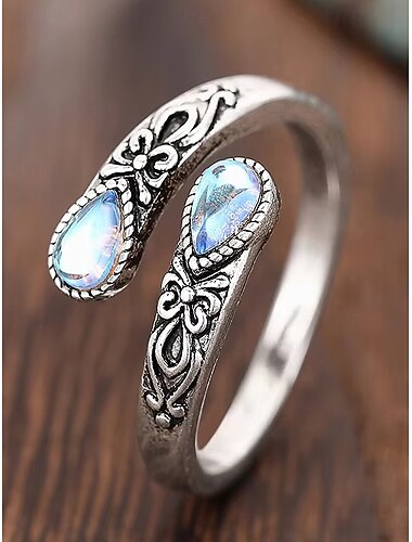  Zilveren verstelbare damesring met maansteen en kristal, vintage bohemian sieraden voor verloving, jubileum en dagelijks gebruik