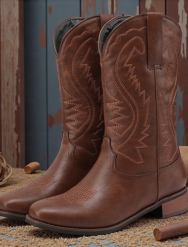  Botas de cowboy masculinas de couro sintético marrom escuro com bordados intrincados – calçados elegantes e duráveis para ocasiões com tema western e uso diário
