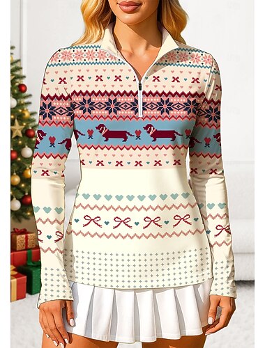  Dame Stribe Polo genser Topper قميص Sportsskjorte Langermet Trykt mønster Quarter Zip Pullover UPF50+ UV-bestandig UV Beskyttelse Elastisk Pustende Volleyball Tennis Golf Høy krage Glidelåskrage