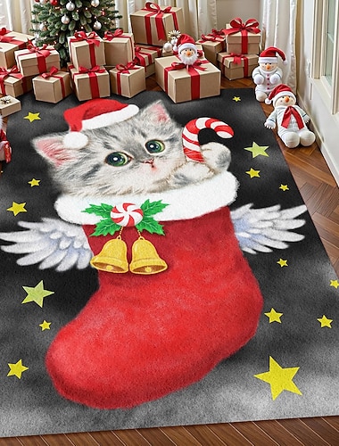  Weihnachtskatze im Strumpf Teppich für Wohnzimmer und Schlafzimmer Kunstkaschmir Feiertags Teppich weich rutschfest maschinenwaschbare Matte 5x7 Fuß EngelSanta von Kayomi Harai
