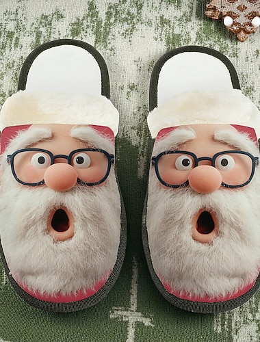  Herre julenissetøfler - morsomme julesko med 3D-ansikt fra julenissen, mykt plysjfôr, ideelle for avslapning i høytiden og vinterfestligheter