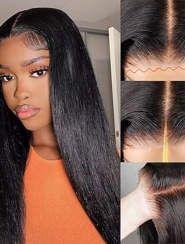 باروكات شعر بشري مستقيم بدون غراء، شعر بشري 100%، عقد مبيضة، باروكات أمامية من الدانتيل، باروكات شعر مستقيمة 4×4 بدون غراء مقطوعة مسبقًا للنساء   باروكات شعر بشري مستقيم بدون غراء، شعر بشري 100%، عقد مبيضة، باروكات أمامية من الدانتيل، باروكات شعر مستقيمة 4×4 بدون غراء مقطوعة مسبقًا للنساء