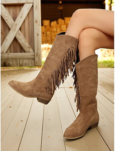  damskie buty z frędzlami ze sztucznego zamszu - buty do połowy łydki w stylu western, casualowe i szykowne na jesień i zimę