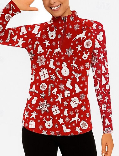  Noël Femmes Graphique Chemise de tennis Haut de sport manche longue Imprimé Quart de zip Sweat Protection UV Élastique Respirant Tennis Le golf Pickleball Col zippé Chemise Polo Hiver Rouge Vêtements
