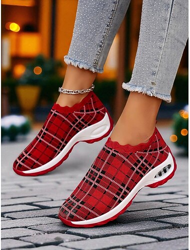  Rode geruite instapsneakers voor dames met luchtkussenzool, comfortabele, lichte casual schoenen voor kerst, wandelen en reizen