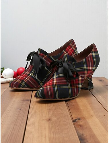  Damenschuhe im Vintage-Stil der 1920er Jahre im Edwardian-Stil mit roten Karomuster und schwarzer Satinschleife – elegante Retro-Weihnachtsschuhe für festliche Anlässe und Partys
