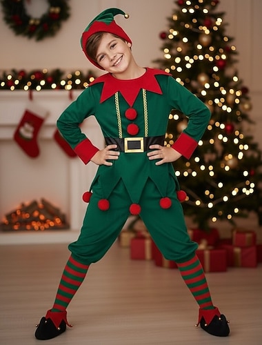  Set Elf Santa Anzüge Cosplay Kostüme mit Weihnachtsmütze Jungen Weihnachtskostüm Kinder Weihnachten Neujahr Party Oberteil Hose Hut