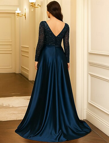  A-linje Golvlång Formell klädsel Konståkningsinspirerad klänning Aftonklänning Långärmad V-hals Elegant Vintage Lyxig Paljetter Polyester Klänning till brudens mor med Spets Paljett