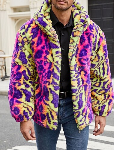 Муж. Зимняя куртка Искусственное меховое пальто Отпуск Повседневные Сохраняет тепло Флис Осень Зима Леопард Мода Уличный стиль Капюшон Обычная Желтый Лиловый Жакеты