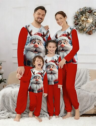  نظرة العائلة عيد الميلاد المجيد بيجامات عائلية لعيد الميلاد منامة مجموعات الأسرة الرسم بابا نويل المنزل طباعة أسود أحمر كم طويل يوميا ملابس مطابقة