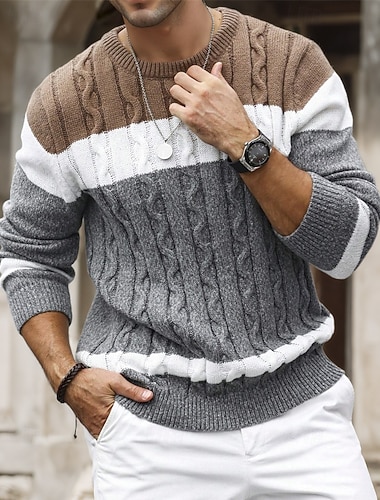  رجالي كنزة صوفية سترة متماسكة مضلع متماسكة قمصان عادية محبوك ألوان متناوبة رقبة عالية مدورة موضة أساسي عطلة مناسب للبس اليومي ملابس الخريف الشتاء أبيض أحمر S M L