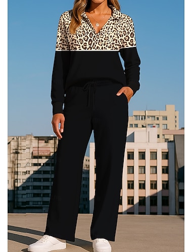  Dames Sweatshirt Trainingspak Joggingbroeken Trekkoord Zak Luipaard Joggingpak Atletische kledingset Loungewear Zomer Rood Bruin Zwart Sportschooltraining Informeel Training Thermisch Warm Zacht
