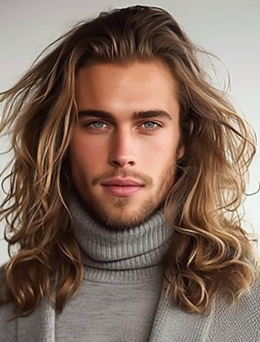  Lange, bølgete, brune parykker for menn syntetiske parykker varmebestandige cosplay halloween-kostymeparykker lysebrune