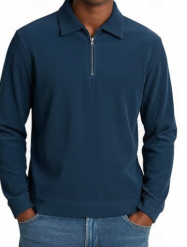  Homme Chemise en velours côtelé Polo Vacances Rue Zip quart manche longue Mode Basique Couleur Unie Texturé Zip Up Automne & Hiver Coupe régulière bleu marine Kaki Gris Bleu clair Chemise en velours