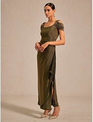  בגדי ריקוד נשים שמלת מקסי שמלה בגזרה ישרה אלגנטית חתונה אורחת חתונה פגישה (דייט) רגיל צבע אחיד ללא שרוולים כתפיה זהב קיץ אביב סתיו