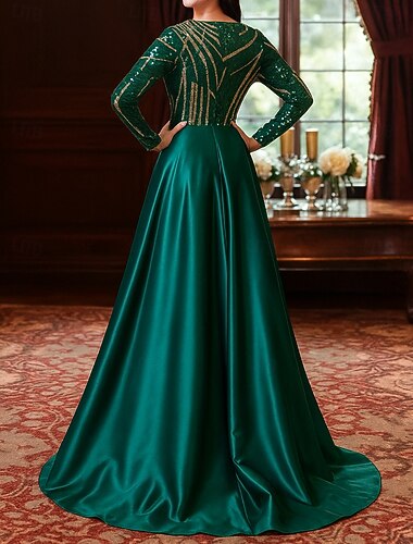  Γραμμή Α Μακρύ Επίσημο ένδυμα Λαμπερό φόρεμα Βραδινή τουαλέτα Μακρυμάνικο Λαιμόκοψη V Λαιμός σέσουλα Κομψό Φανταχτερό Επίσημο Σατέν Τούλι Με πούλιες Φόρεμα Μητέρας της Νύφης με Κρυστάλλινη λεπτομέρεια