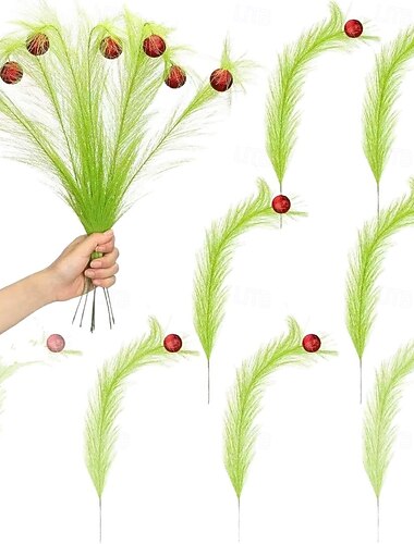  5 stk kunstig pampasgress til jul, grønn stilk med rød ball og alvepynt til juletre, feriehus og festdekor