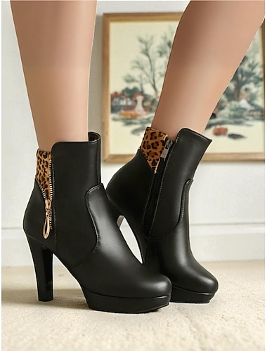 Botas femininas pretas de salto alto com punho de oncinha e zíper lateral, botas plataforma elegantes para festas, boates &roupas casuais chiques   Botas femininas pretas de salto alto com punho de oncinha e zíper lateral, botas plataforma elegantes para festas, boates &roupas casuais chiques