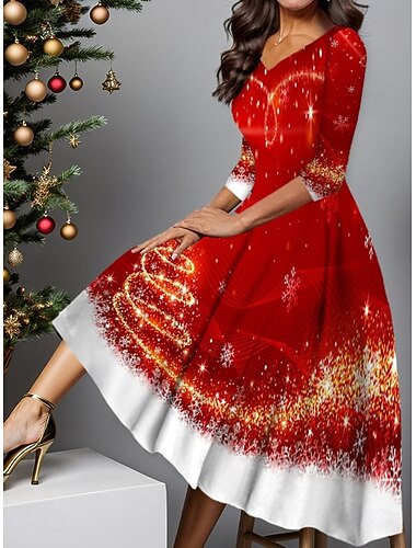 Jul Dame Midikjole Kjole med A-linje Ferie Fritid Fest Daglig Ut på byen Normal Grafisk Juletre Snøfnugg 3/4 ermer V-hals Blå Vin Rød Kongeblå Vår Høst Vinter