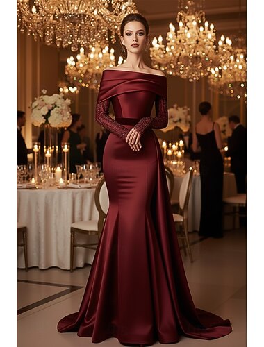  Meerjungfrauenschnitt Bodenlange Schleppe Abendkleid Ballkleid mit Überrock Festliche Kleidung Elegant Glitzernd Glitzern Ärmellos Schulterfrei Hochzeit Formell Satin mit Falten