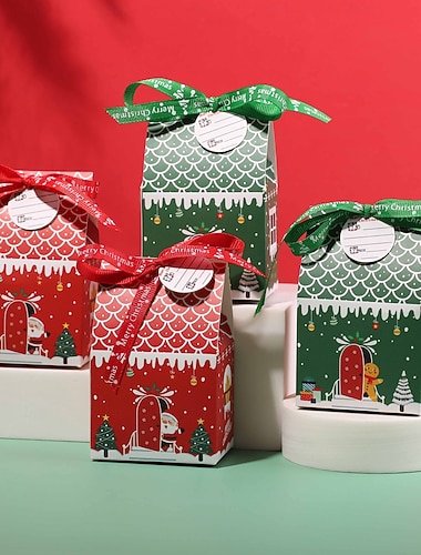  50 Stück Weihnachts-Leckerli-Boxen, Süßigkeiten-Lebkuchenhaus, Mini-Weihnachtsparty-Geschenkbox, kleiner Geschenkbehälter aus Pappe für Weihnachtsfeiertagsparty-Leckerli, Kekse, Leckereien, Snacks,